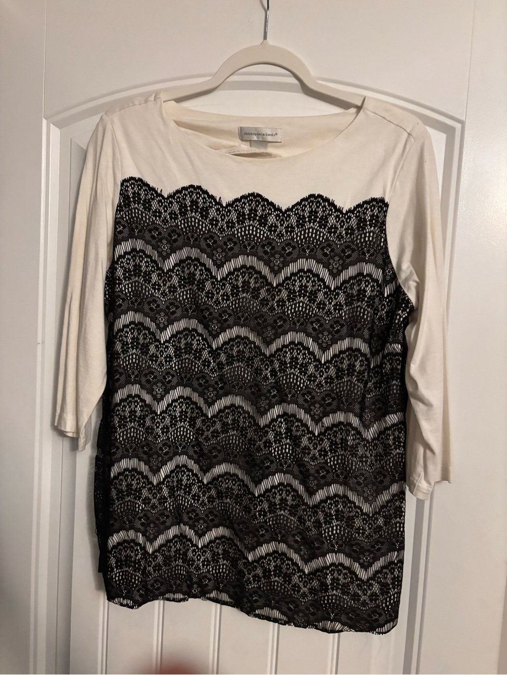 Christopher & Banks Cream Knit Top with Black Lace Trim